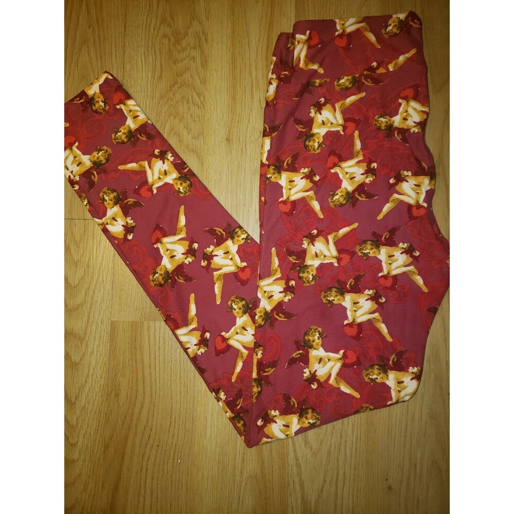LuLaRoe OS Leggings – Angels Red & Gold Print, One Size, Soft Stretchy